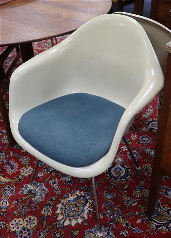 Six Charles Easmes for Herman Miller shell chairs, Model Dax, parchment fibreglass with blue swab cushion